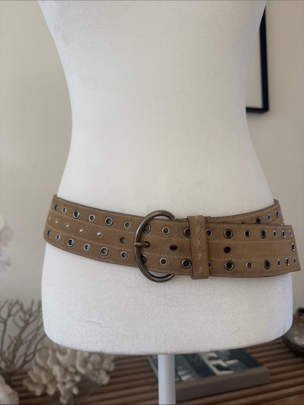 Prada Tan Leather Suede Eyelet Detail Belt 34โ womenโs